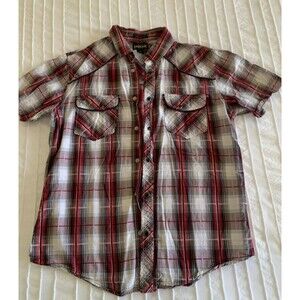 HELIX Men's Medium Western Athletic Fit Red/Black Plaid Snap Short Sleeve Shirt